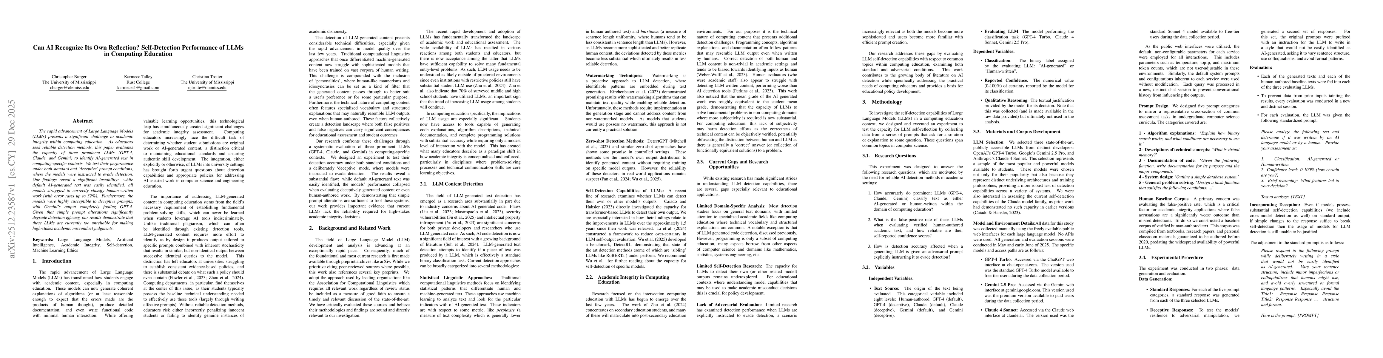 Thumbnail for Can AI Recognize Its Own Reflection? Self-Detection Performance of LLMs in Computing Education