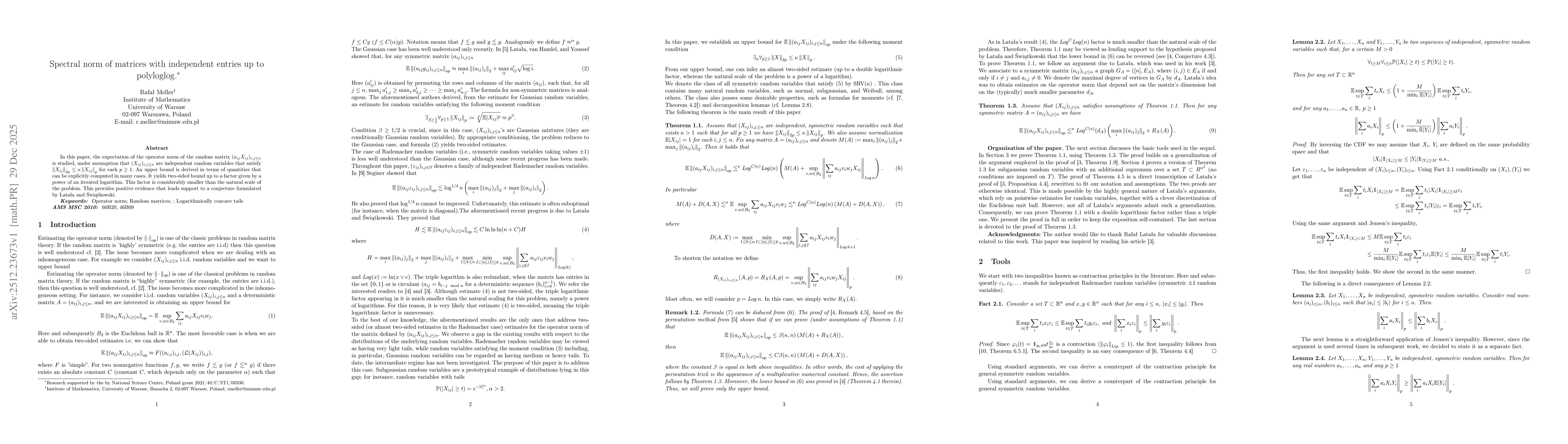 Thumbnail for Spectral norm of matrices with independent entries up to polyloglog