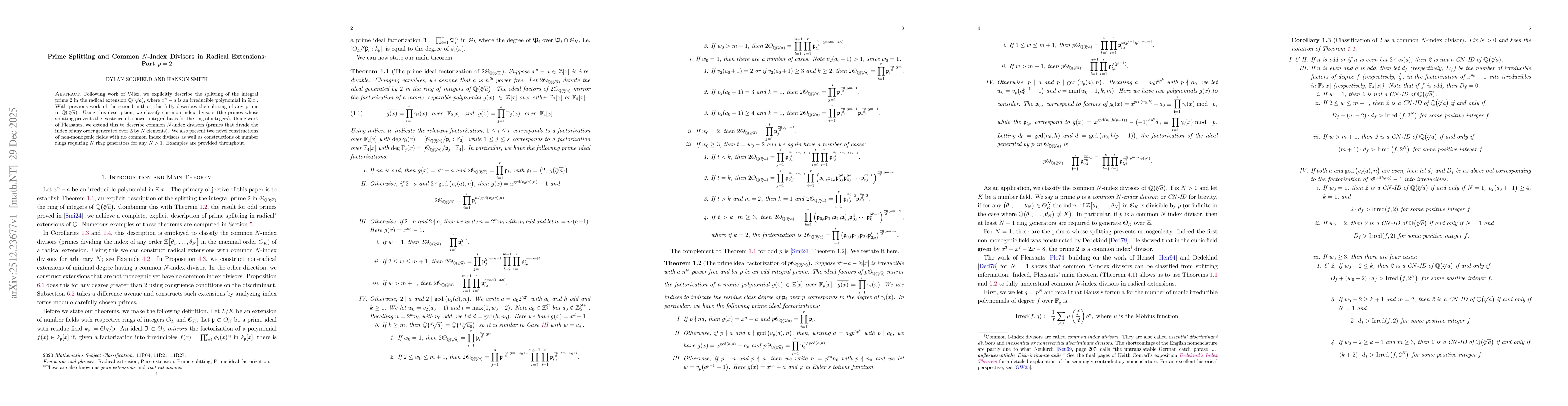 Thumbnail for Prime Splitting and Common $N$-Index Divisors in Radical Extensions: Part $p=2$