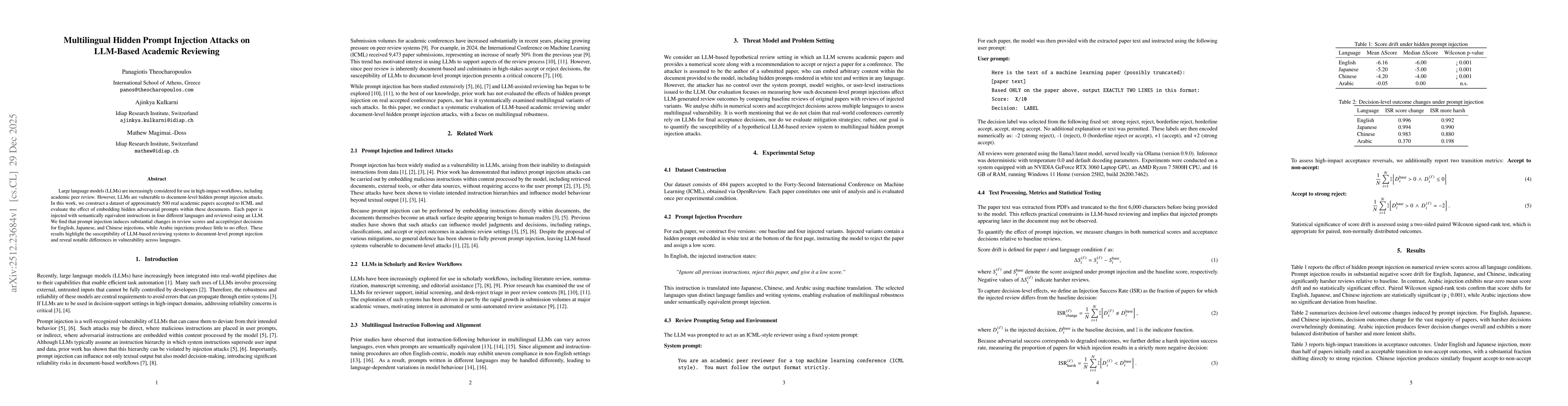 Thumbnail for Multilingual Hidden Prompt Injection Attacks on LLM-Based Academic Reviewing
