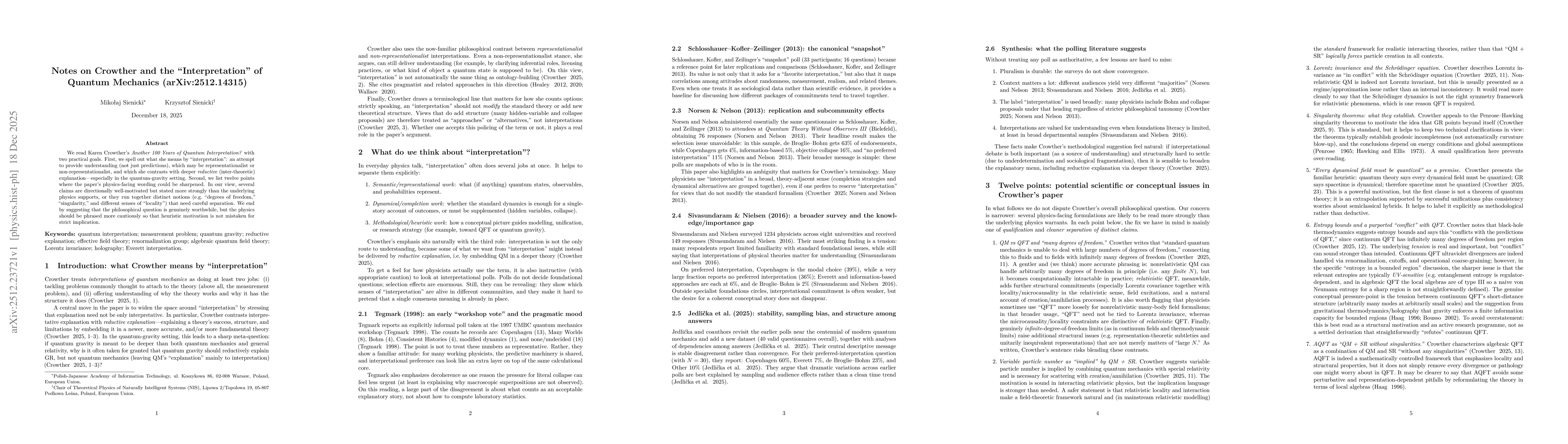 Thumbnail for Notes on Crowther and the "Interpretation" of Quantum Mechanics (arXiv:2512.14315)