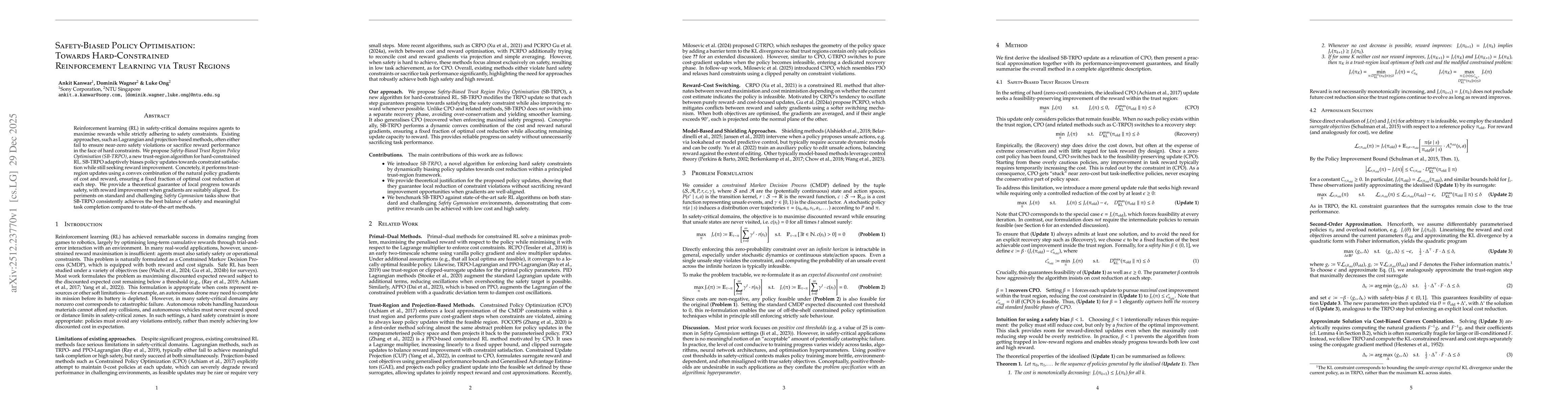 Thumbnail for Safety-Biased Policy Optimisation: Towards Hard-Constrained Reinforcement Learning via Trust Regions