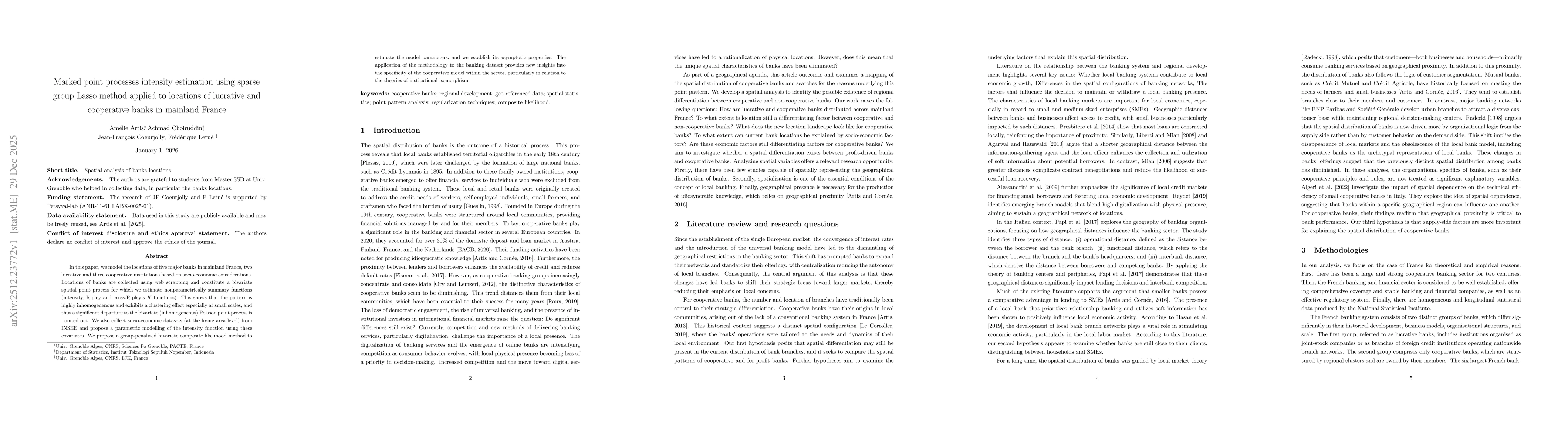 Thumbnail for Marked point processes intensity estimation using sparse group Lasso method applied to locations of lucrative and cooperative banks in mainland France