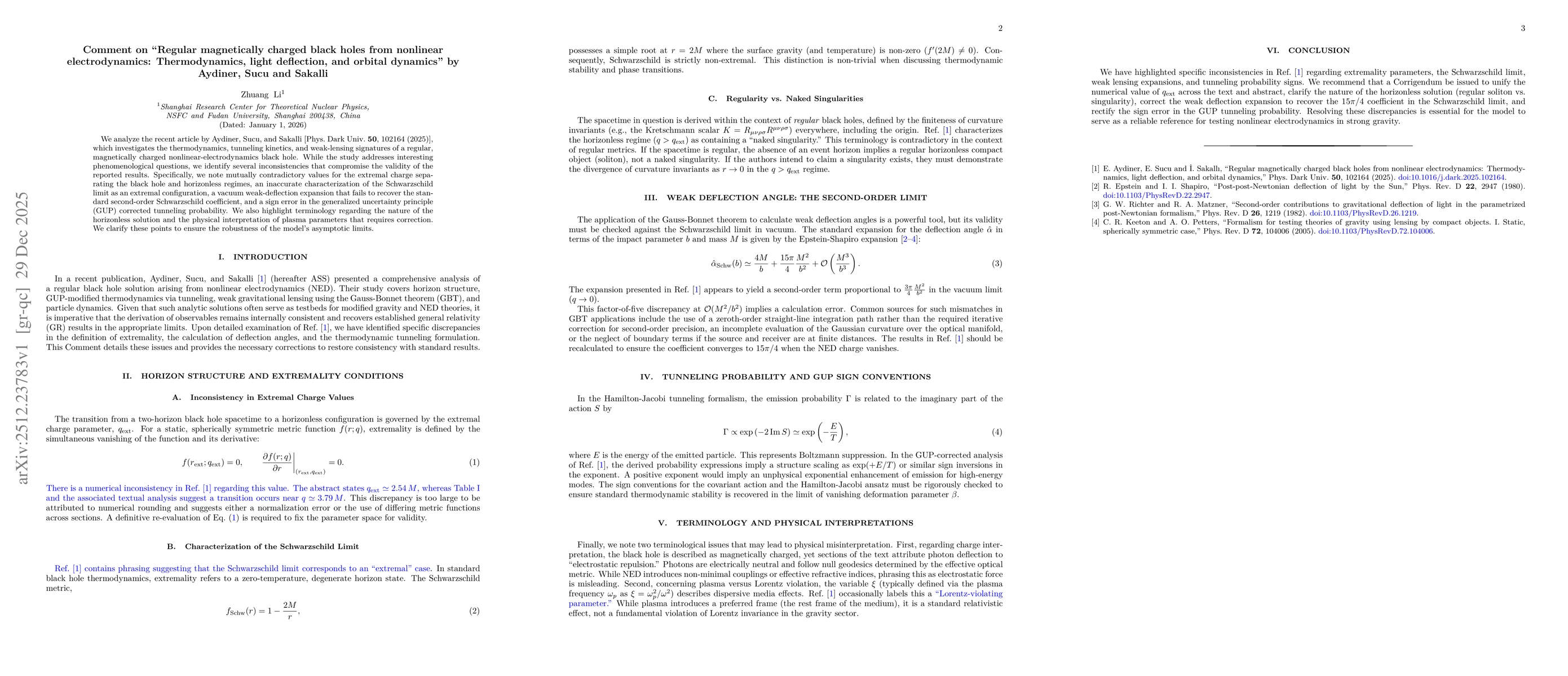 Thumbnail for Comment on "Regular magnetically charged black holes from nonlinear electrodynamics: Thermodynamics, light deflection, and orbital dynamics" by Aydiner, Sucu and Sakalli