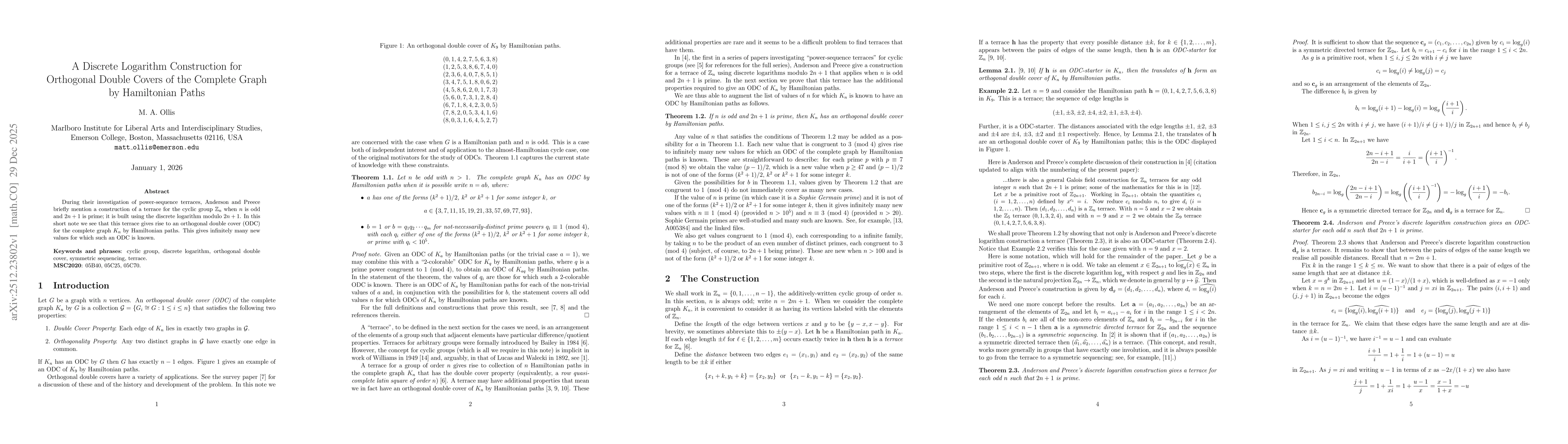 Thumbnail for A Discrete Logarithm Construction for Orthogonal Double Covers of the Complete Graph by Hamiltonian Paths