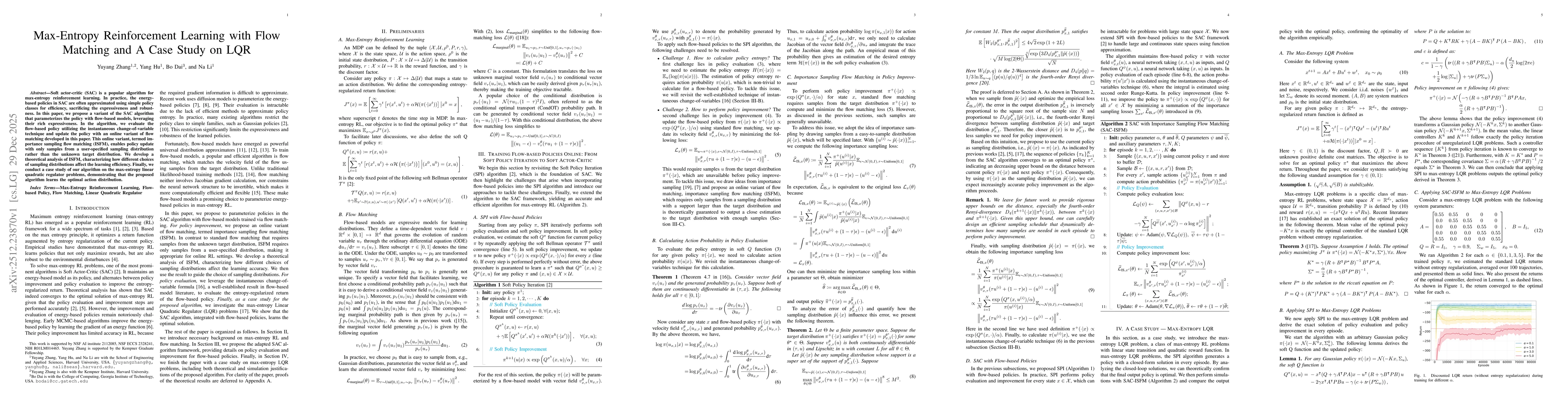 Thumbnail for Max-Entropy Reinforcement Learning with Flow Matching and A Case Study on LQR
