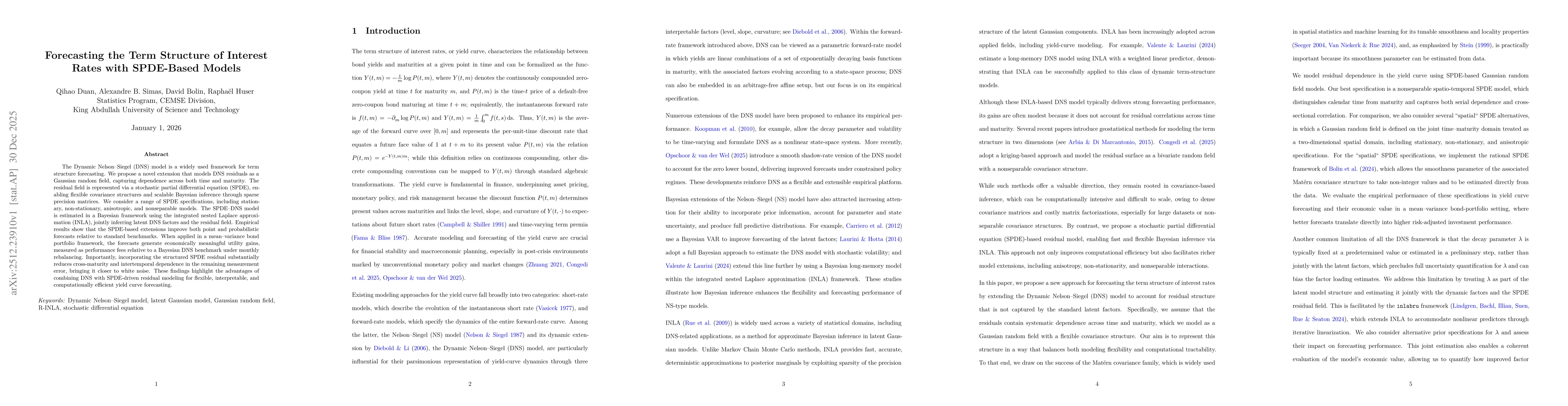 Thumbnail for Forecasting the Term Structure of Interest Rates with SPDE-Based Models