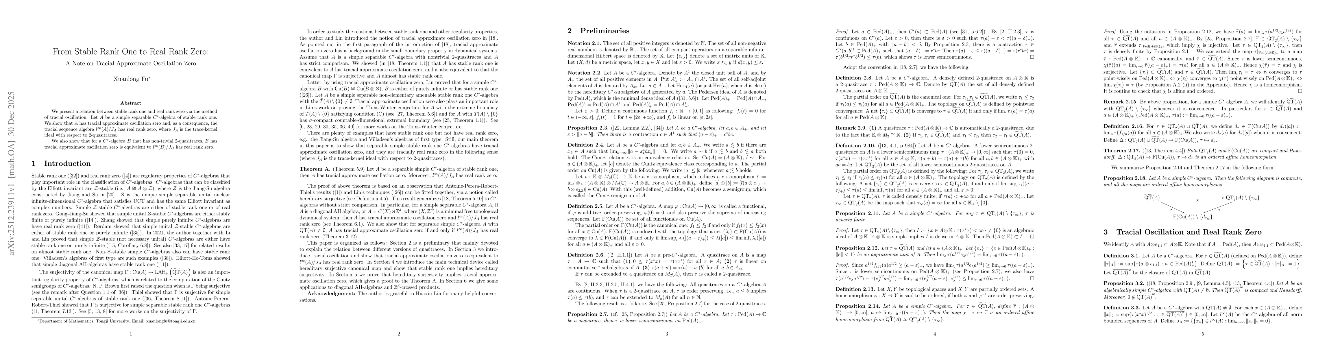 Thumbnail for From Stable Rank One to Real Rank Zero: A Note on Tracial Approximate Oscillation Zero