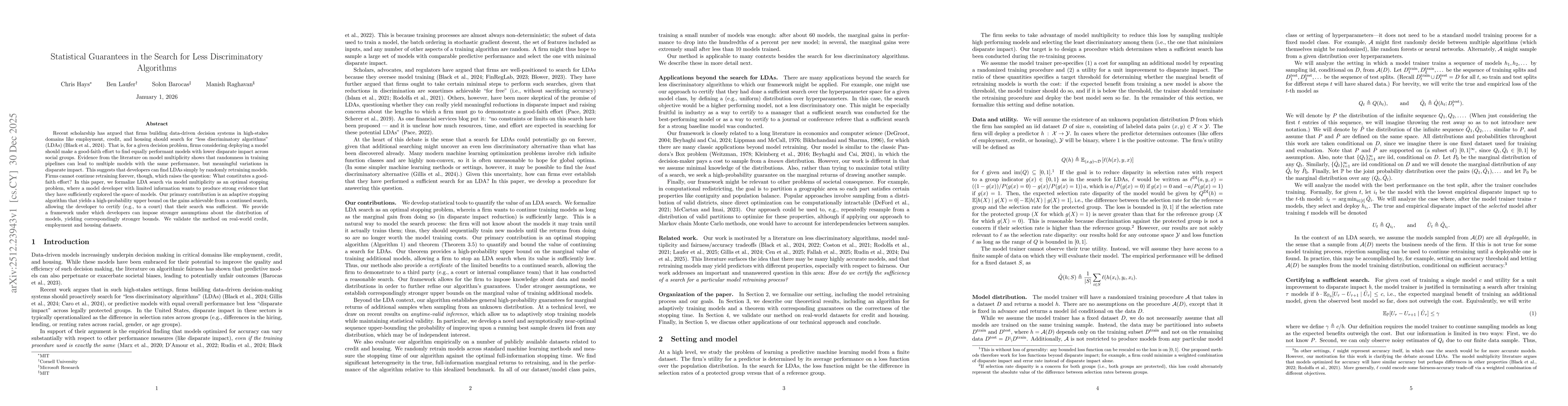 Thumbnail for Statistical Guarantees in the Search for Less Discriminatory Algorithms