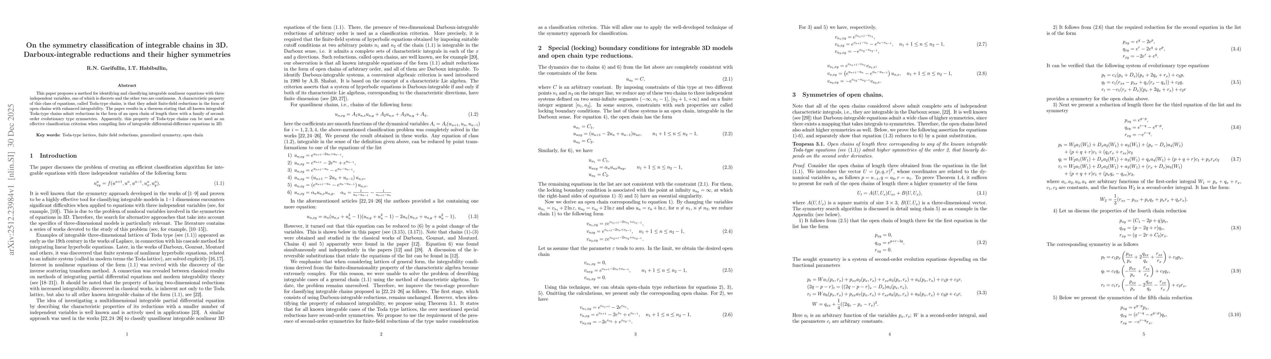 Thumbnail for On the symmetry classification of integrable chains in 3D. Darboux-integrable reductions and their higher symmetries
