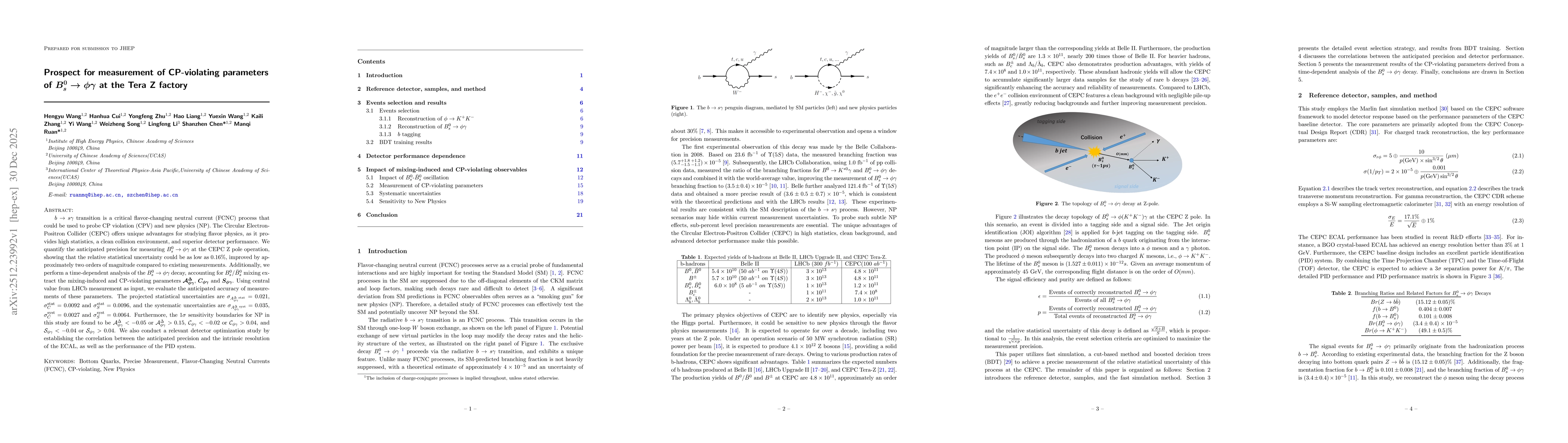 Thumbnail for Prospect for measurement of CP-violating parameters of $B_s^0 \to φγ$ at the Tera Z factory