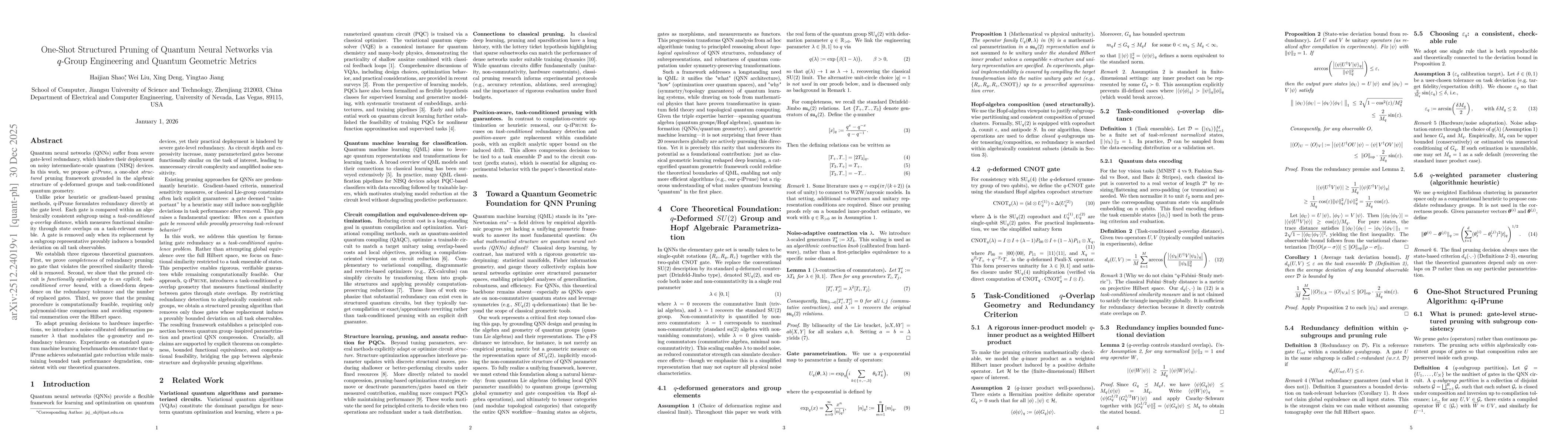 Thumbnail for One-Shot Structured Pruning of Quantum Neural Networks via $q$-Group Engineering and Quantum Geometric Metrics