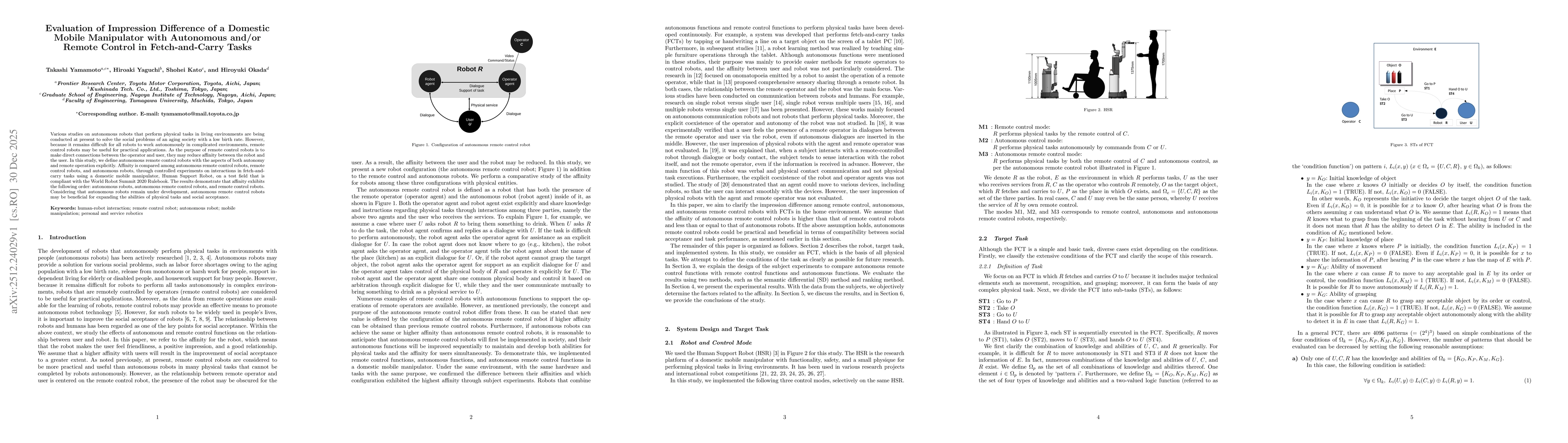 Thumbnail for Evaluation of Impression Difference of a Domestic Mobile Manipulator with Autonomous and/or Remote Control in Fetch-and-Carry Tasks