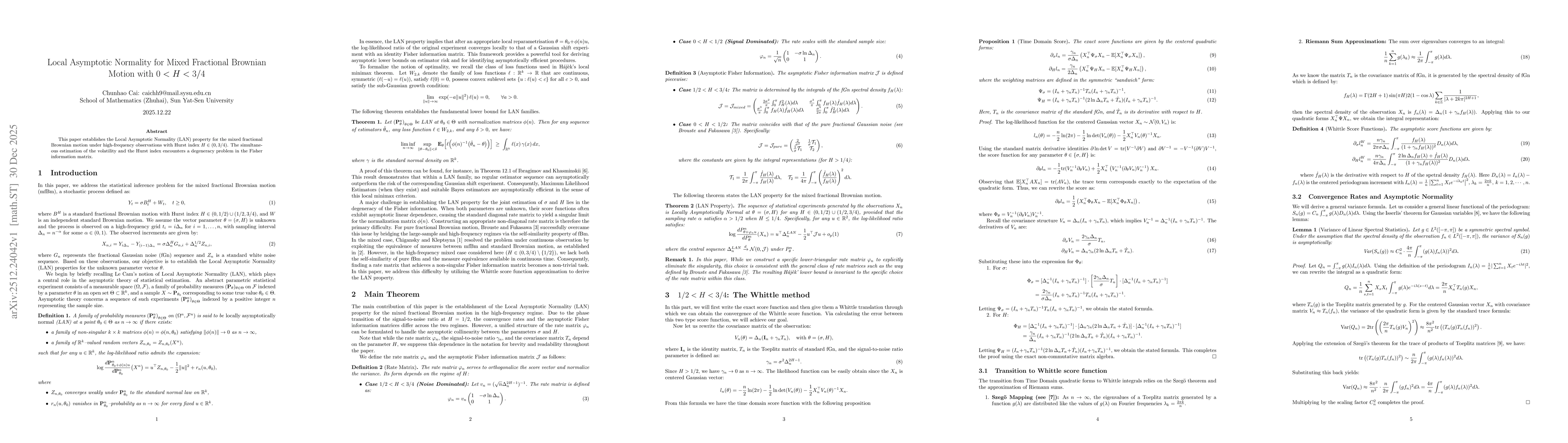 Thumbnail for Local Asymptotic Normality for Mixed Fractional Brownian Motion with $0<H<3/4$