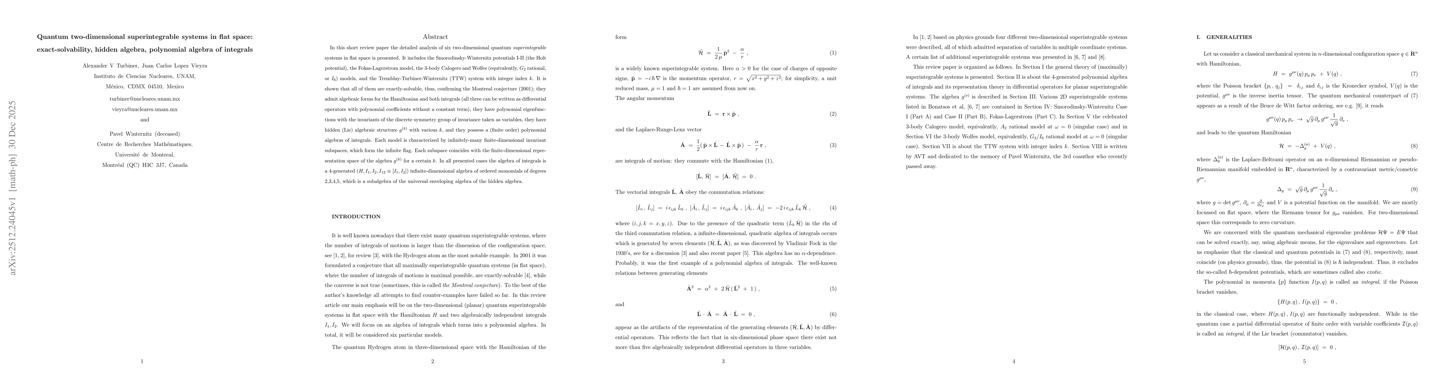 Thumbnail for Quantum two-dimensional superintegrable systems in flat space: exact-solvability, hidden algebra, polynomial algebra of integrals