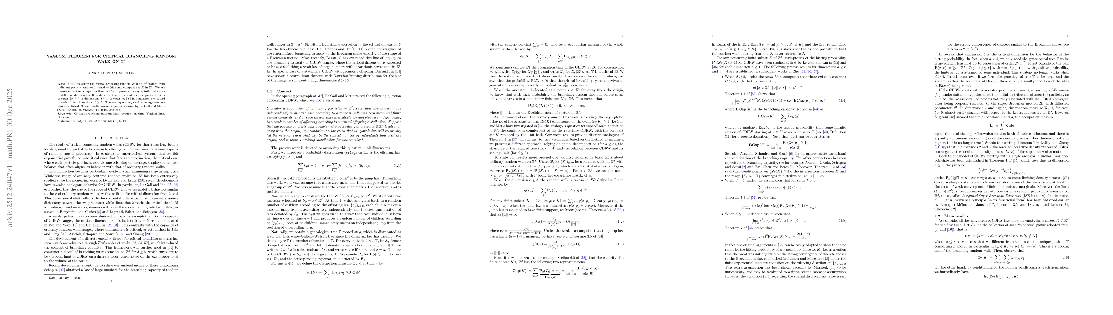 Thumbnail for Yaglom theorem for critical branching random walk on $\mathbb{Z}^d$