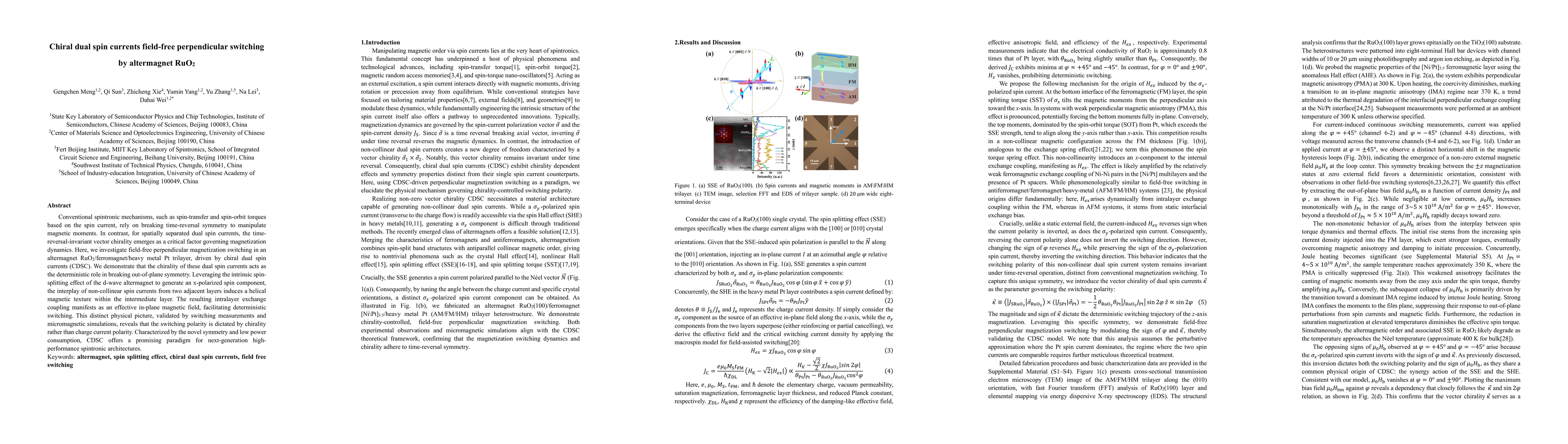 Thumbnail for Chiral dual spin currents field-free perpendicular switching by altermagnet RuO2