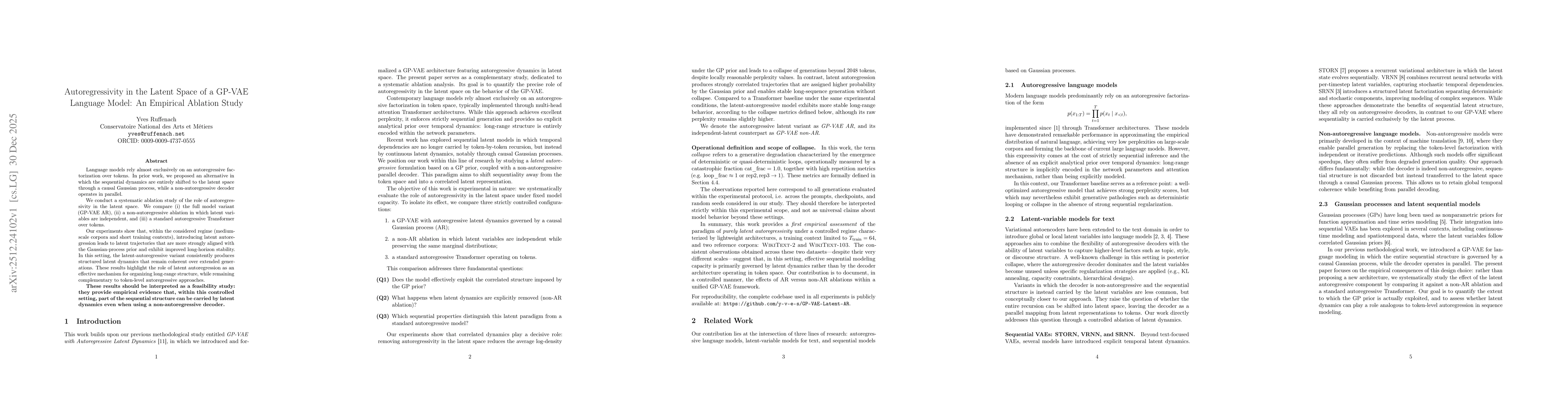 Thumbnail for Autoregressivity in the Latent Space of a GP-VAE Language Model: An Empirical Ablation Study
