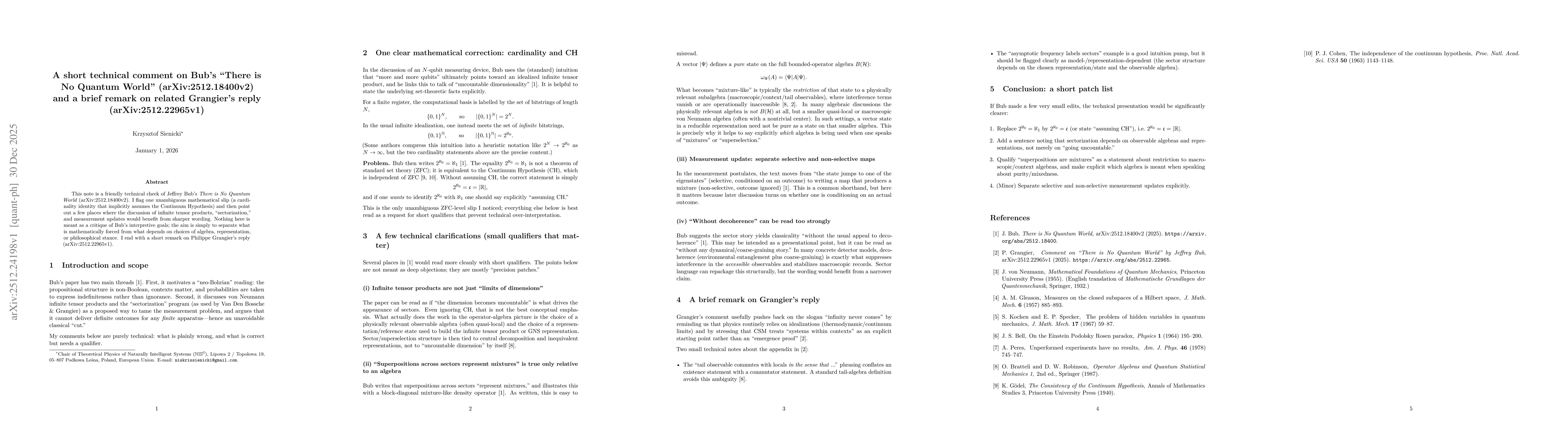 Thumbnail for A short technical comment on Bub's There is No Quantum World (arXiv:2512.18400v2) and a brief remark on related Grangier's reply (arXiv:2512.22965v1)