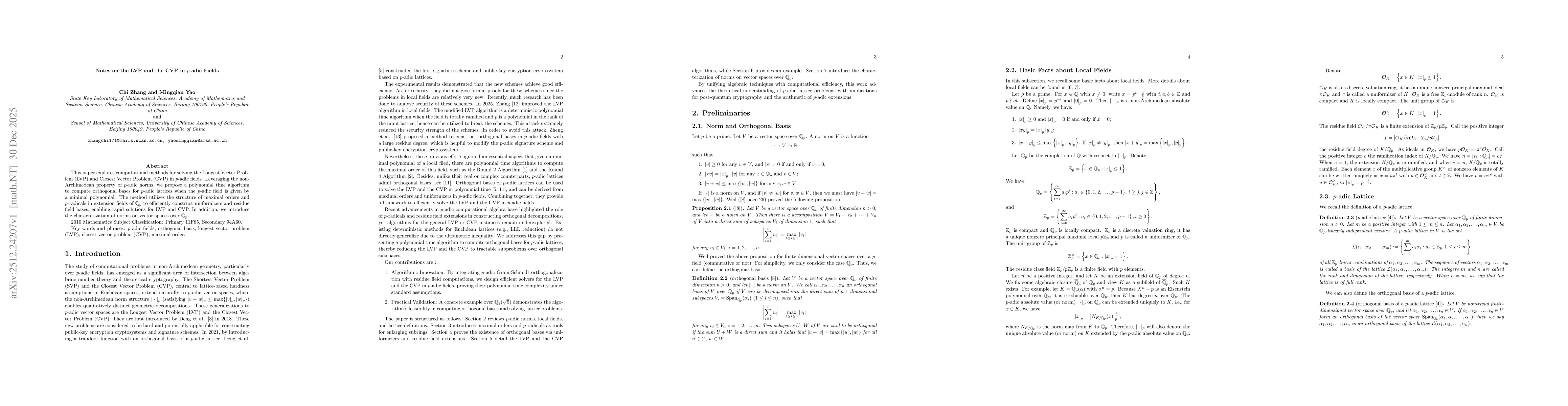 Thumbnail for Notes on the LVP and the CVP in $p$-adic Fields