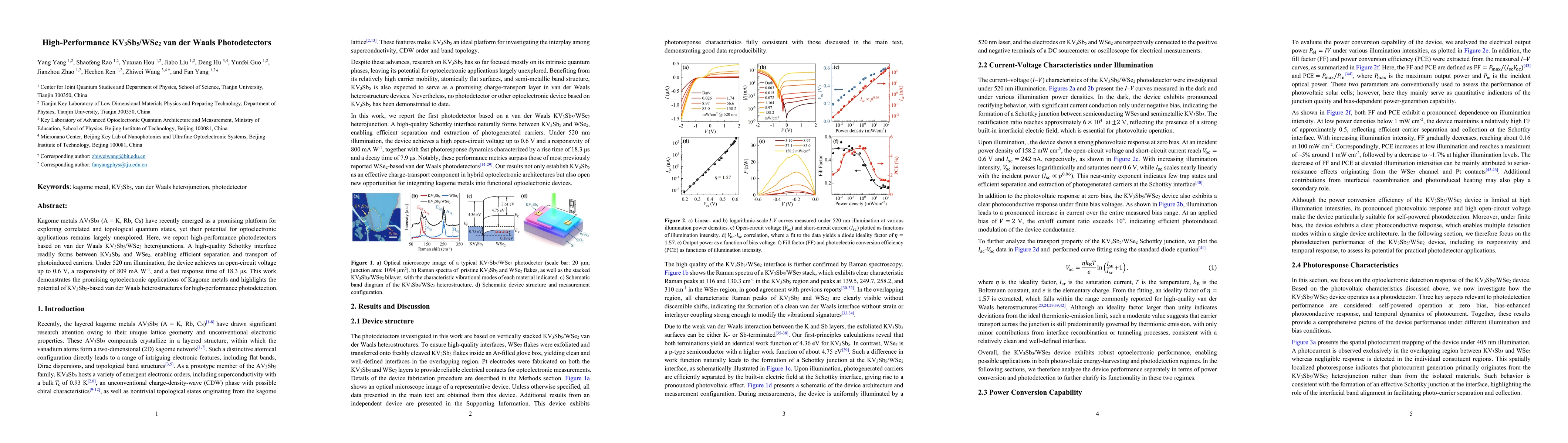Thumbnail for High-Performance KV$_3$Sb$_5$/WSe$_2$ van der Waals Photodetectors