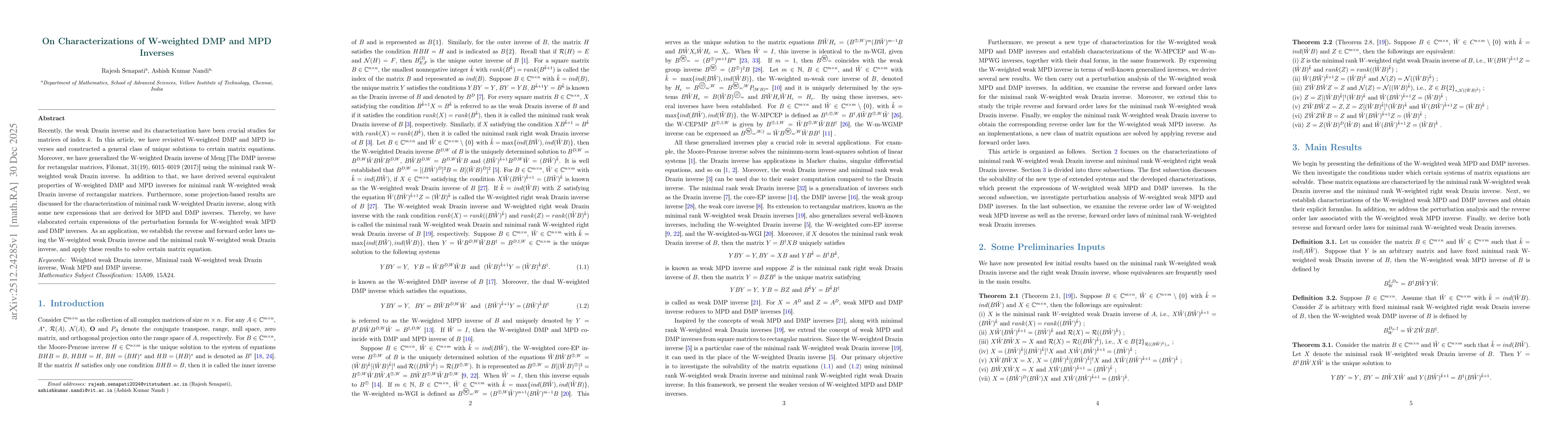 Thumbnail for On Characterizations of W-weighted DMP and MPD Inverses