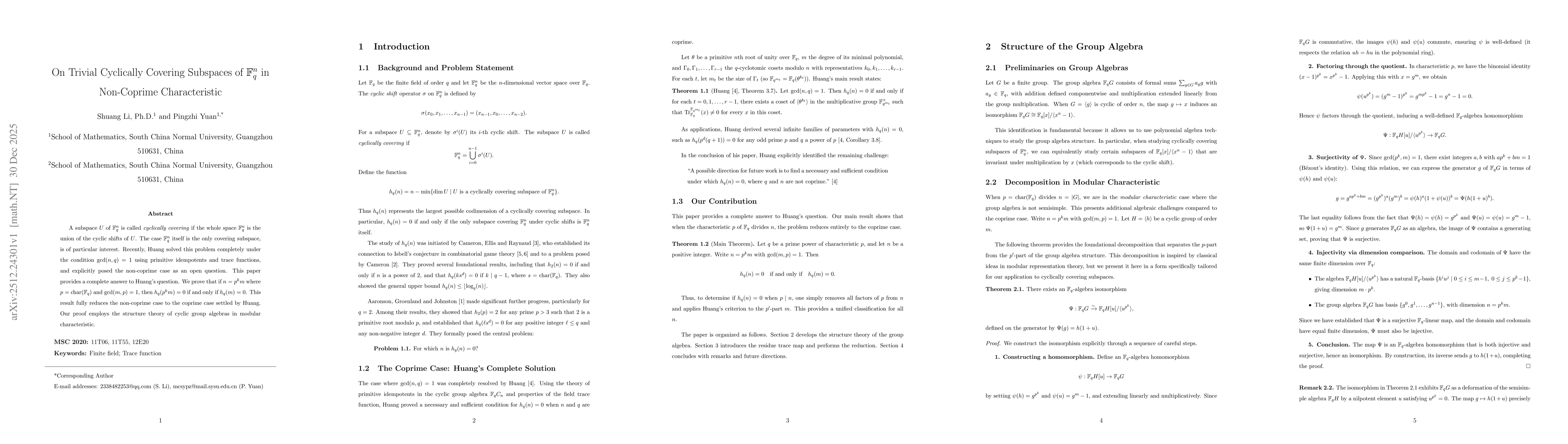 Thumbnail for On Trivial Cyclically Covering Subspaces of $\mathbb{F}_q^n$ in Non-Coprime Characteristic