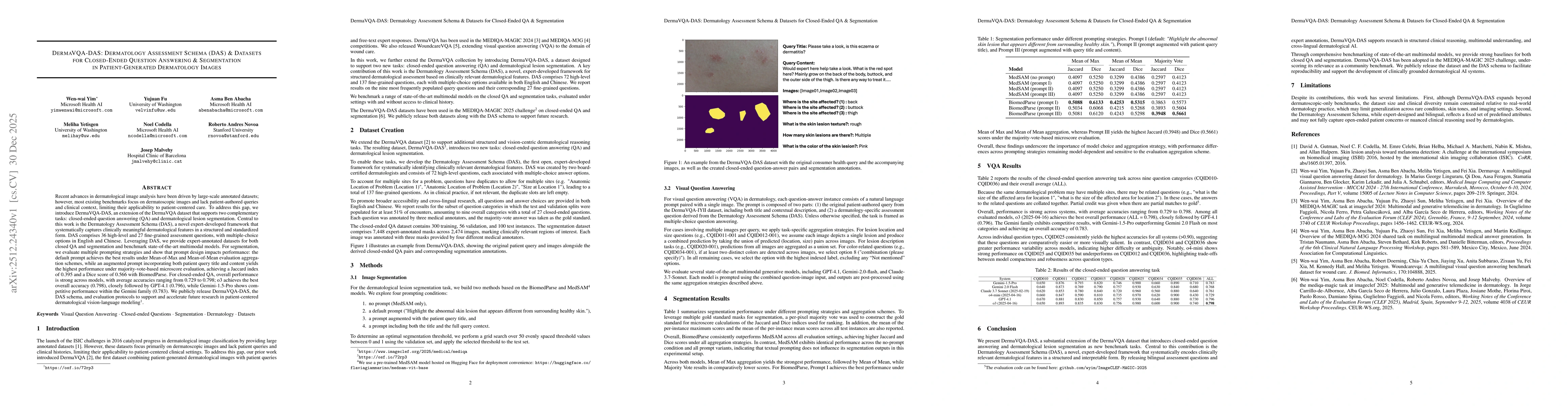 Thumbnail for DermaVQA-DAS: Dermatology Assessment Schema (DAS) & Datasets for Closed-Ended Question Answering & Segmentation in Patient-Generated Dermatology Images