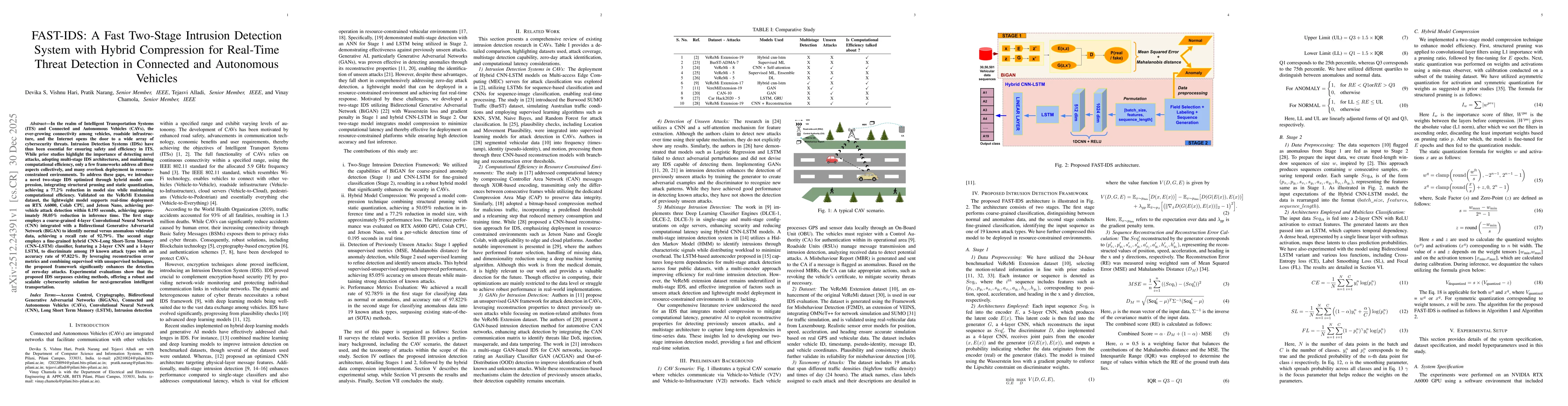 Thumbnail for FAST-IDS: A Fast Two-Stage Intrusion Detection System with Hybrid Compression for Real-Time Threat Detection in Connected and Autonomous Vehicles