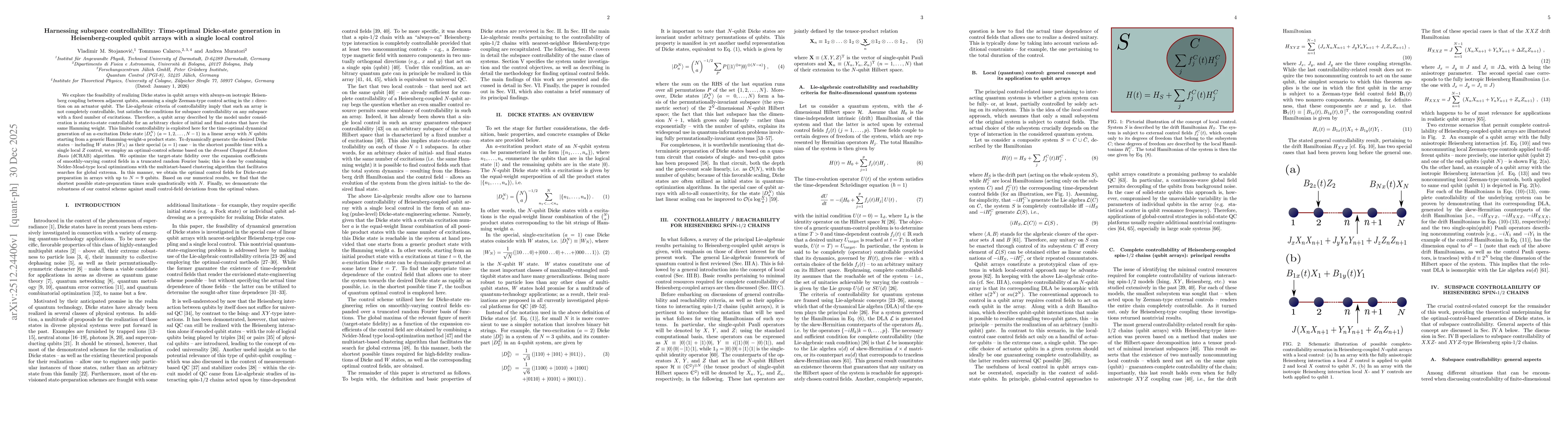 Thumbnail for Harnessing subspace controllability: Time-optimal Dicke-state generation in Heisenberg-coupled qubit arrays with a single local control