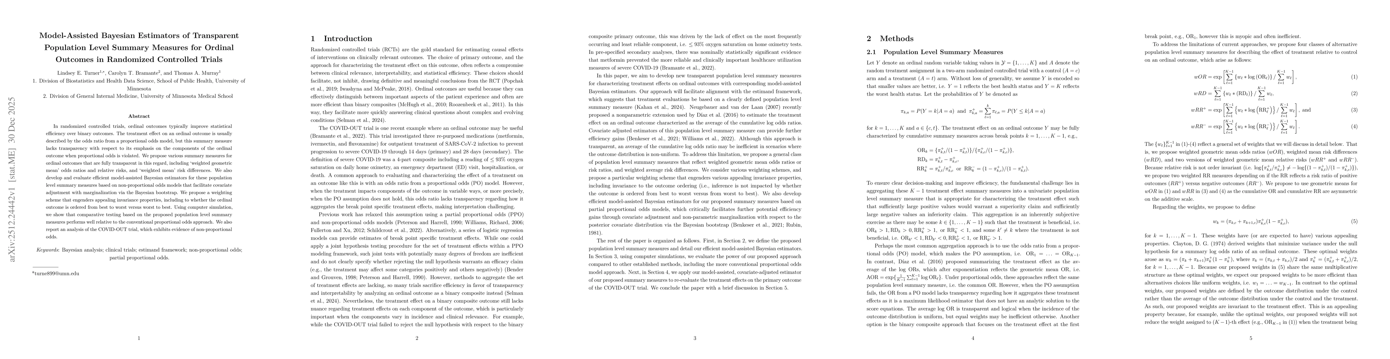 Thumbnail for Model-Assisted Bayesian Estimators of Transparent Population Level Summary Measures for Ordinal Outcomes in Randomized Controlled Trials
