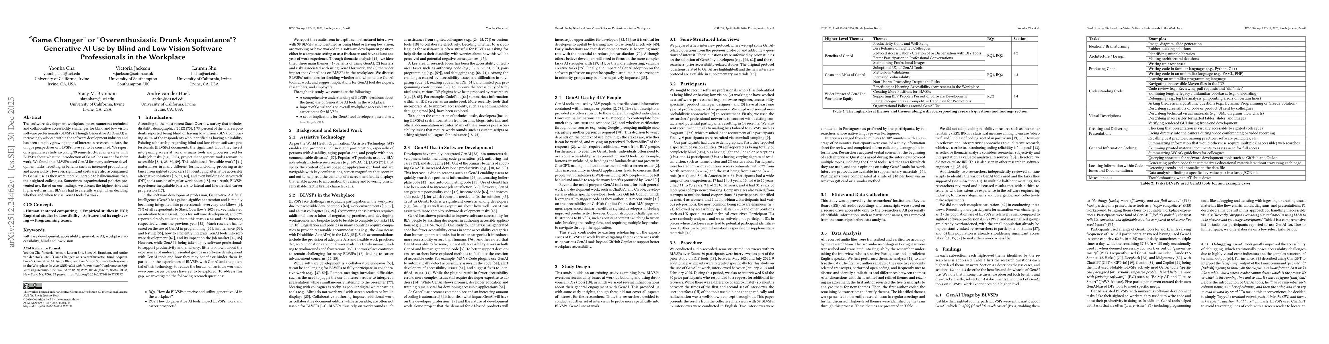 Thumbnail for "Game Changer" or "Overenthusiastic Drunk Acquaintance"? Generative AI Use by Blind and Low Vision Software Professionals in the Workplace