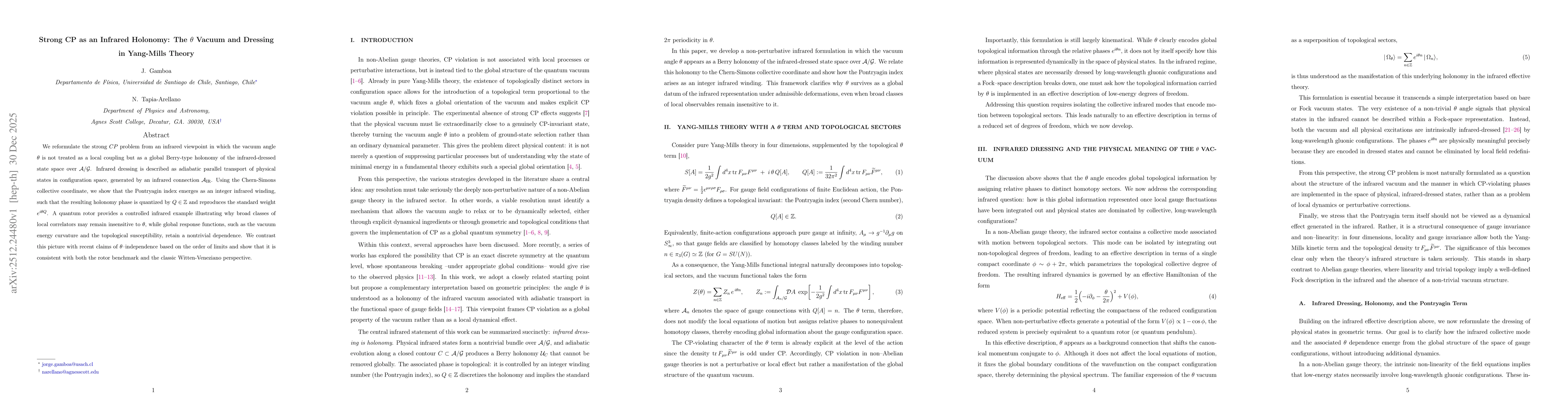 Thumbnail for Strong CP as an Infrared Holonomy: The $θ$ Vacuum and Dressing in Yang-Mills Theory