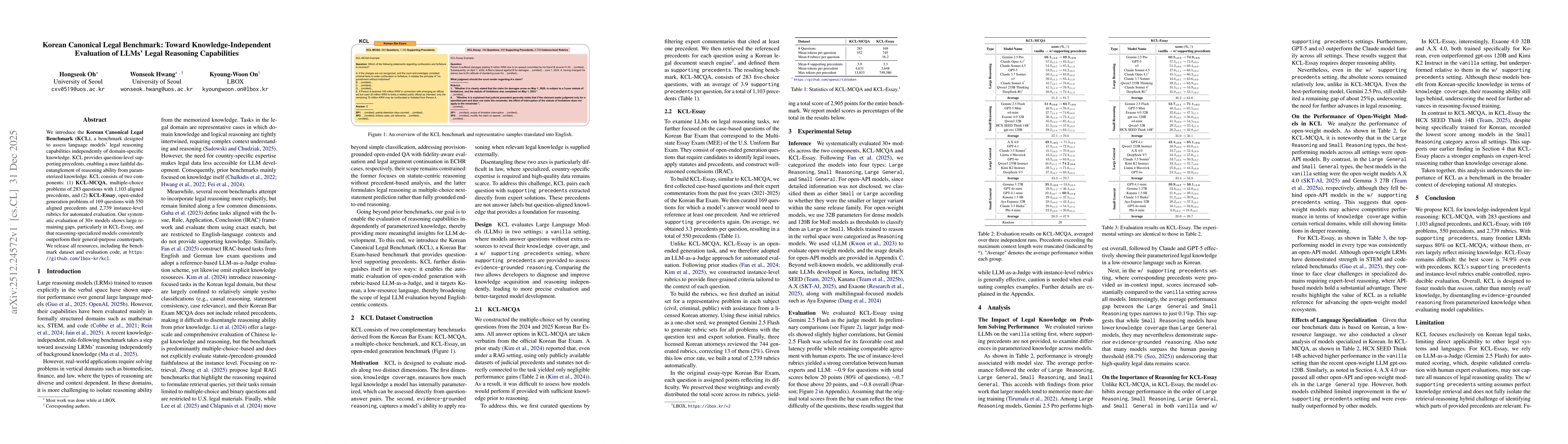 Thumbnail for Korean Canonical Legal Benchmark: Toward Knowledge-Independent Evaluation of LLMs' Legal Reasoning Capabilities