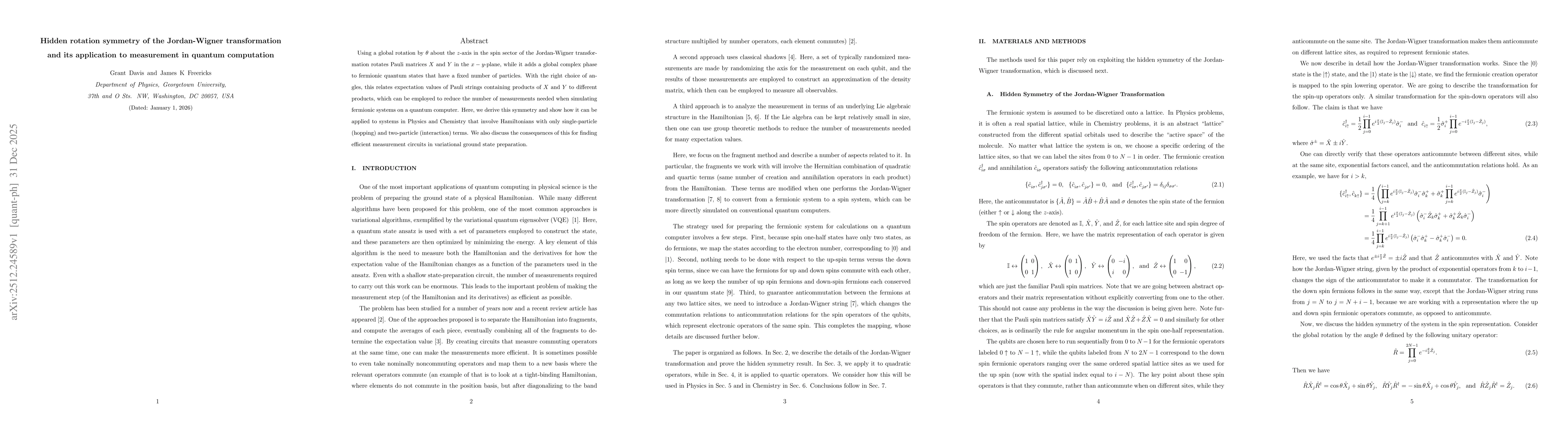 Thumbnail for Hidden rotation symmetry of the Jordan-Wigner transformation and its application to measurement in quantum computation
