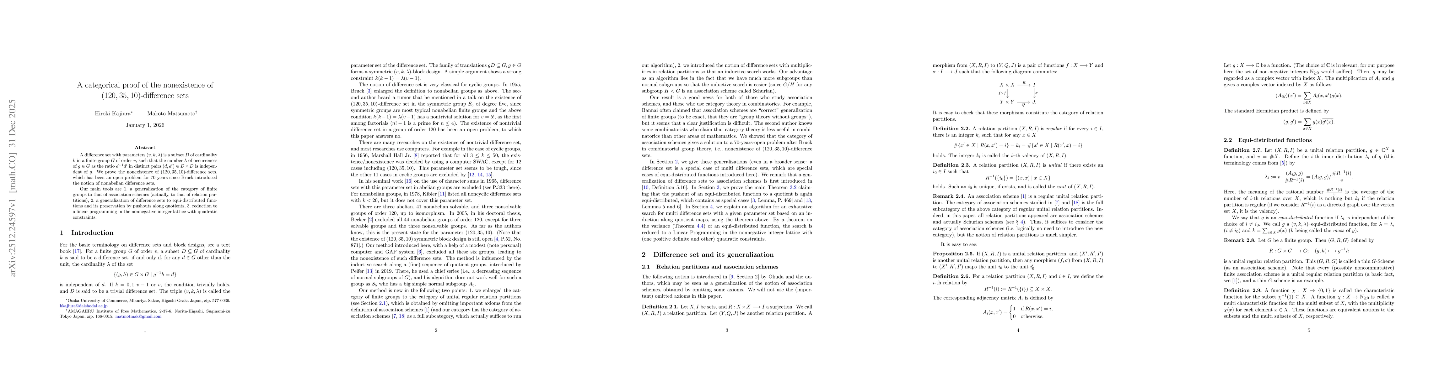 Thumbnail for A categorical proof of the nonexistence of (120, 35, 10)-difference sets