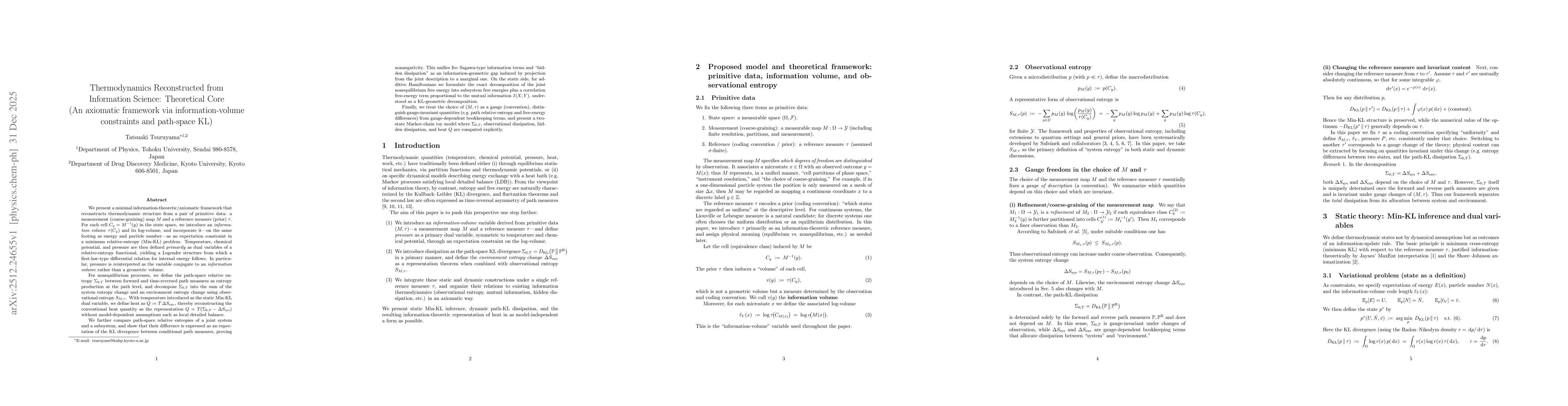Thumbnail for Thermodynamics Reconstructed from Information Theory:An Axiomatic Framework via Information-Volume Constraints and Path-Space KL Divergence
