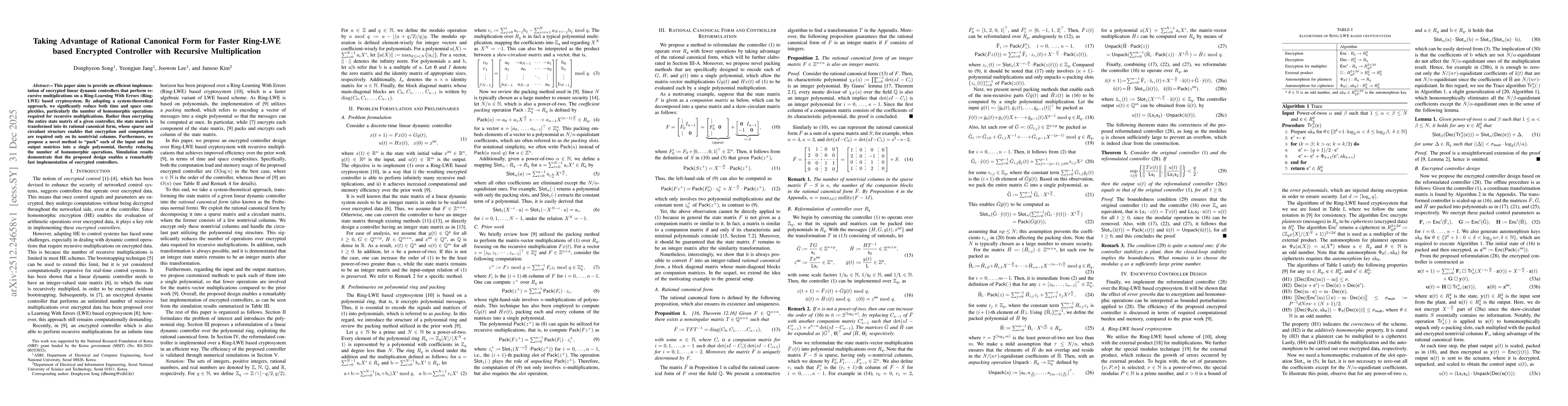 Thumbnail for Taking Advantage of Rational Canonical Form for Faster Ring-LWE based Encrypted Controller with Recursive Multiplication