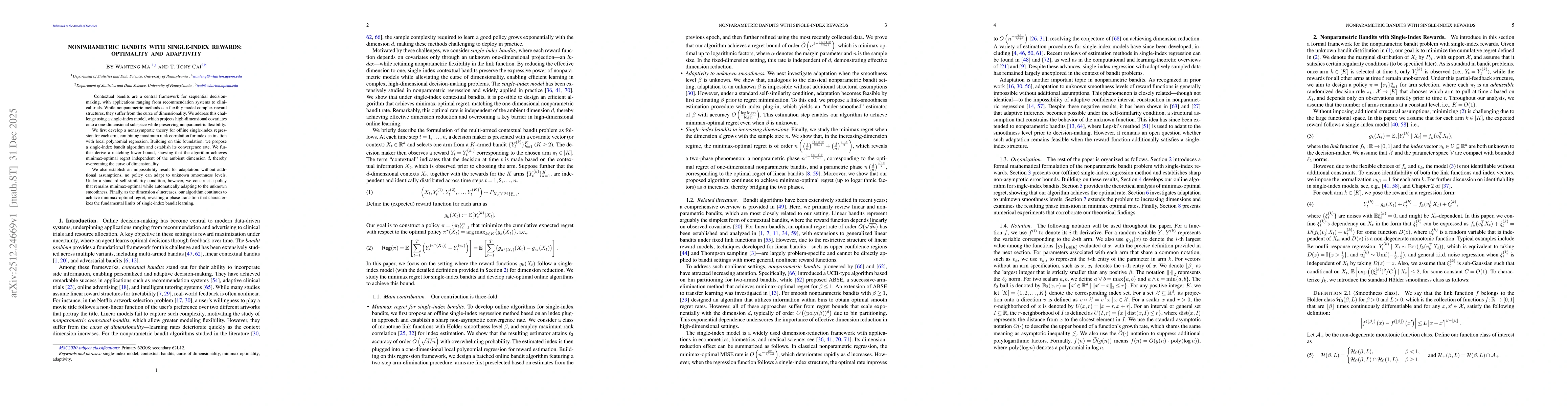 Thumbnail for Nonparametric Bandits with Single-Index Rewards: Optimality and Adaptivity