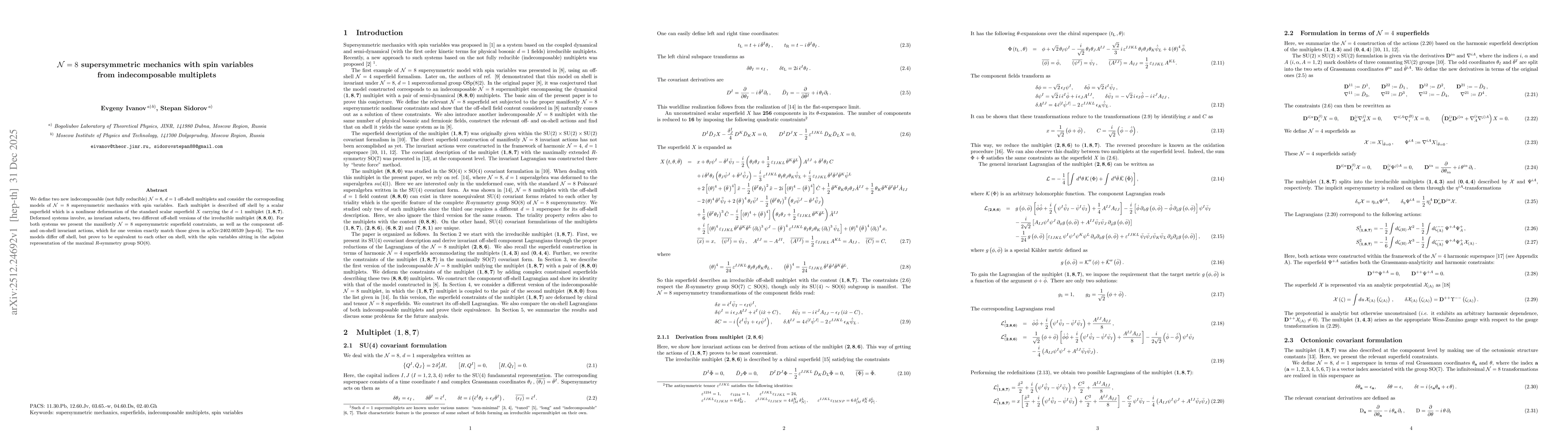 Thumbnail for ${\cal N}=8$ supersymmetric mechanics with spin variables from indecomposable multiplets