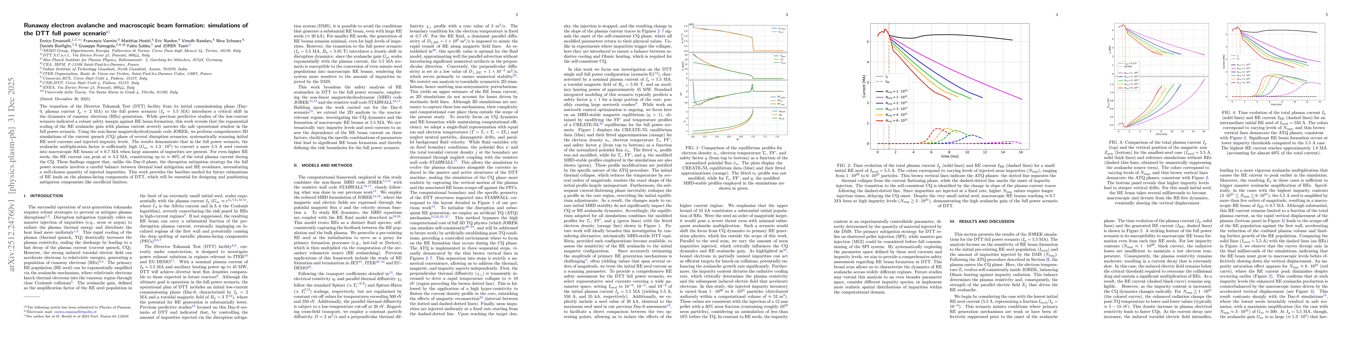Thumbnail for Runaway electron avalanche and macroscopic beam formation: simulations of the DTT full power scenario