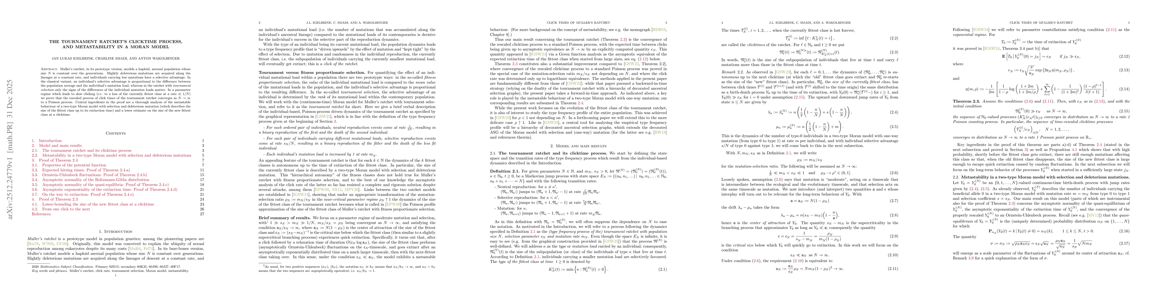 Thumbnail for The tournament ratchet's clicktime process, and metastability in a Moran model