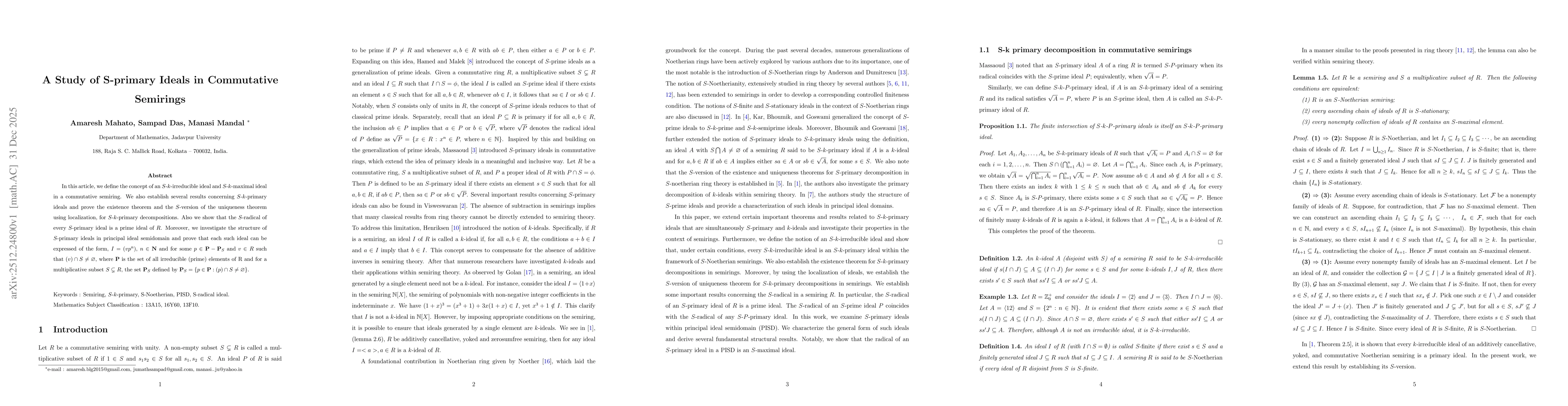 Thumbnail for A Study of S-primary Ideals in Commutative Semirings