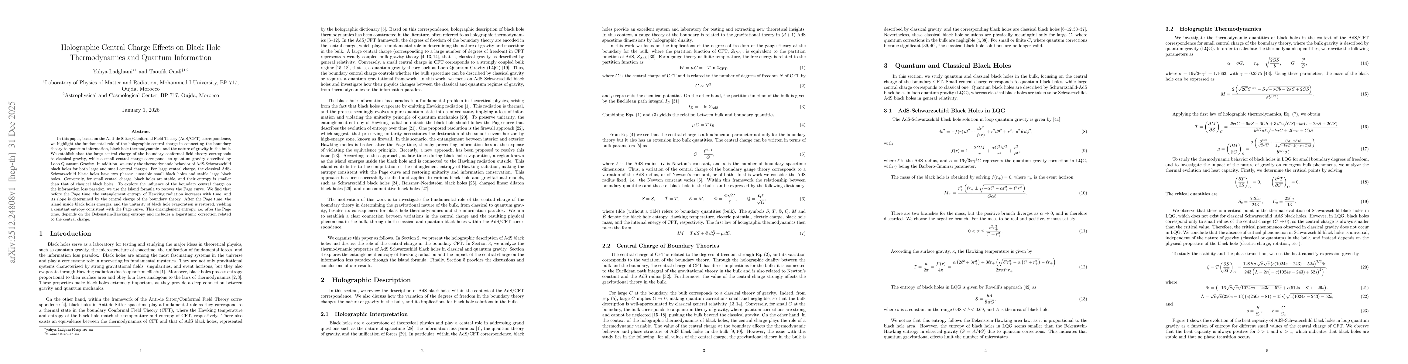 Thumbnail for Holographic Central Charge Effects on Black Hole Thermodynamics and Quantum Information
