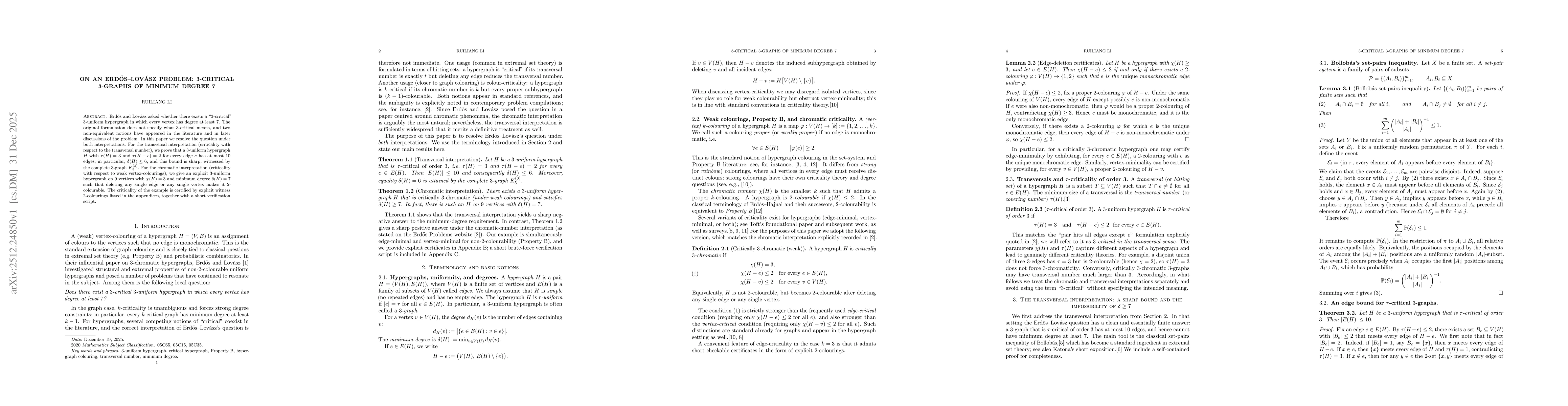 Thumbnail for On an Erdős--Lov'asz problem: 3-critical 3-graphs of minimum degree 7