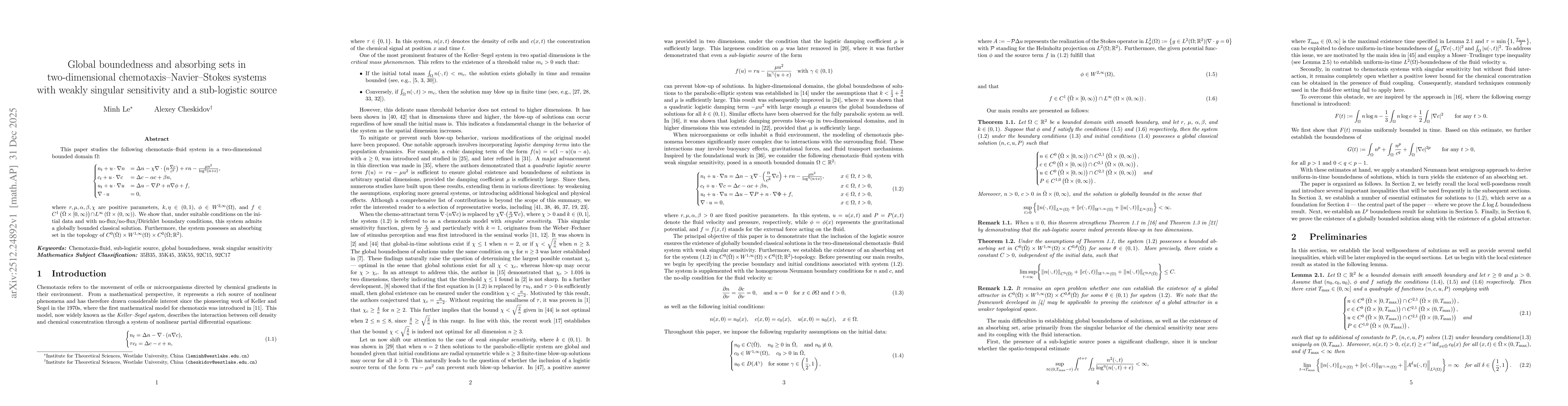Thumbnail for Global boundedness and absorbing sets in two-dimensional chemotaxis-Navier-Stokes systems with weakly singular sensitivity and a sub-logistic source