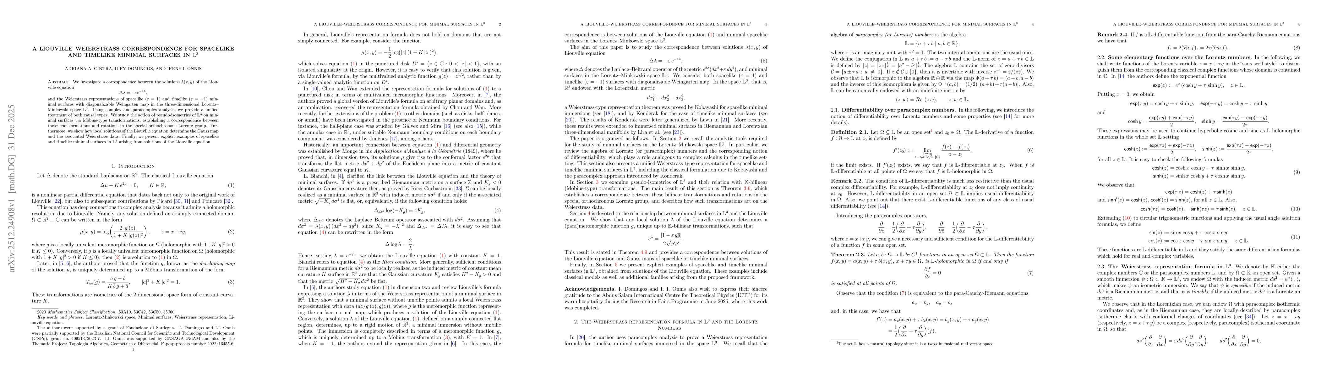 Thumbnail for A Liouville-Weierstrass correspondence for Spacelike and Timelike Minimal Surfaces in $\mathbb{L}^3$