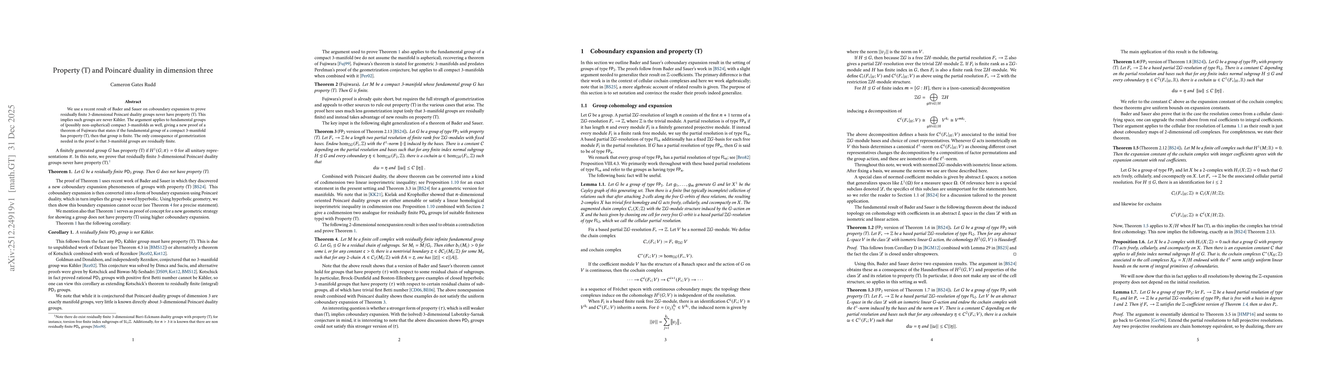 Thumbnail for Property (T) and Poincaré duality in dimension three