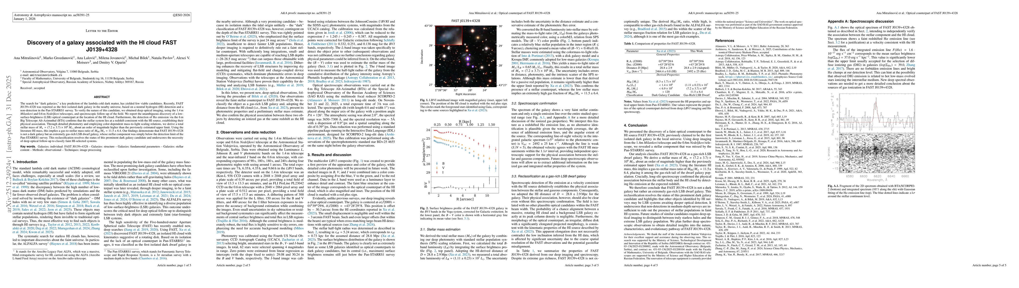Thumbnail for Discovery of a galaxy associated with the HI cloud FAST J0139+4328
