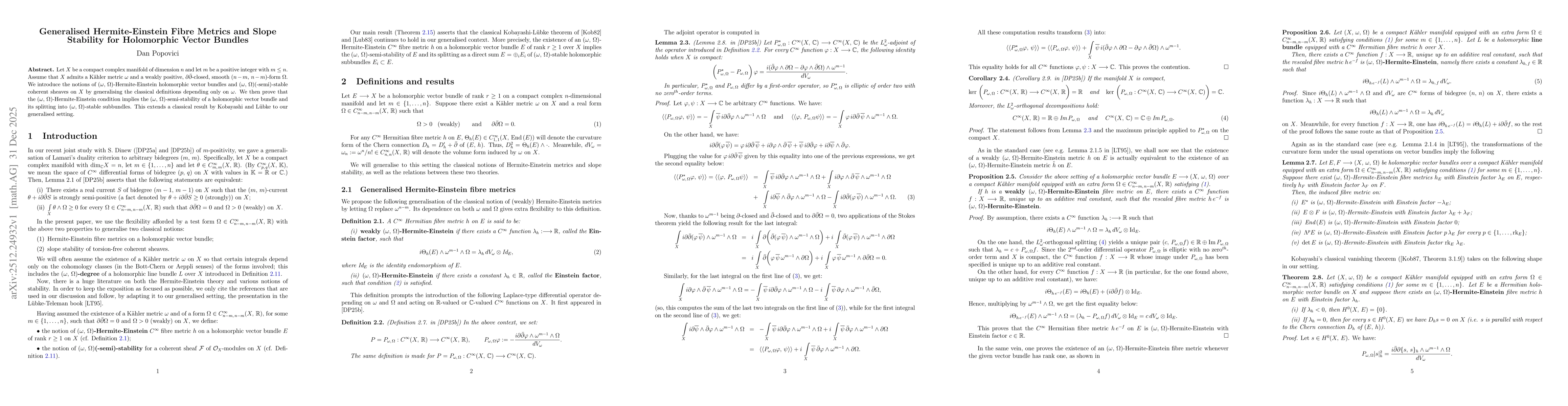 Thumbnail for Generalised Hermite-Einstein Fibre Metrics and Slope Stability for Holomorphic Vector Bundles